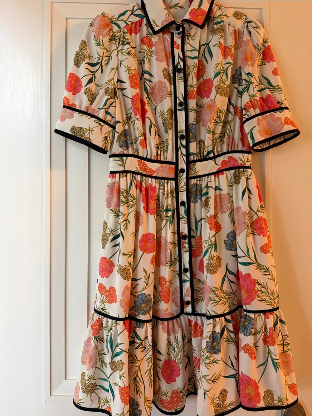 kate spade White Floral Button-Down Dress with Black Trim